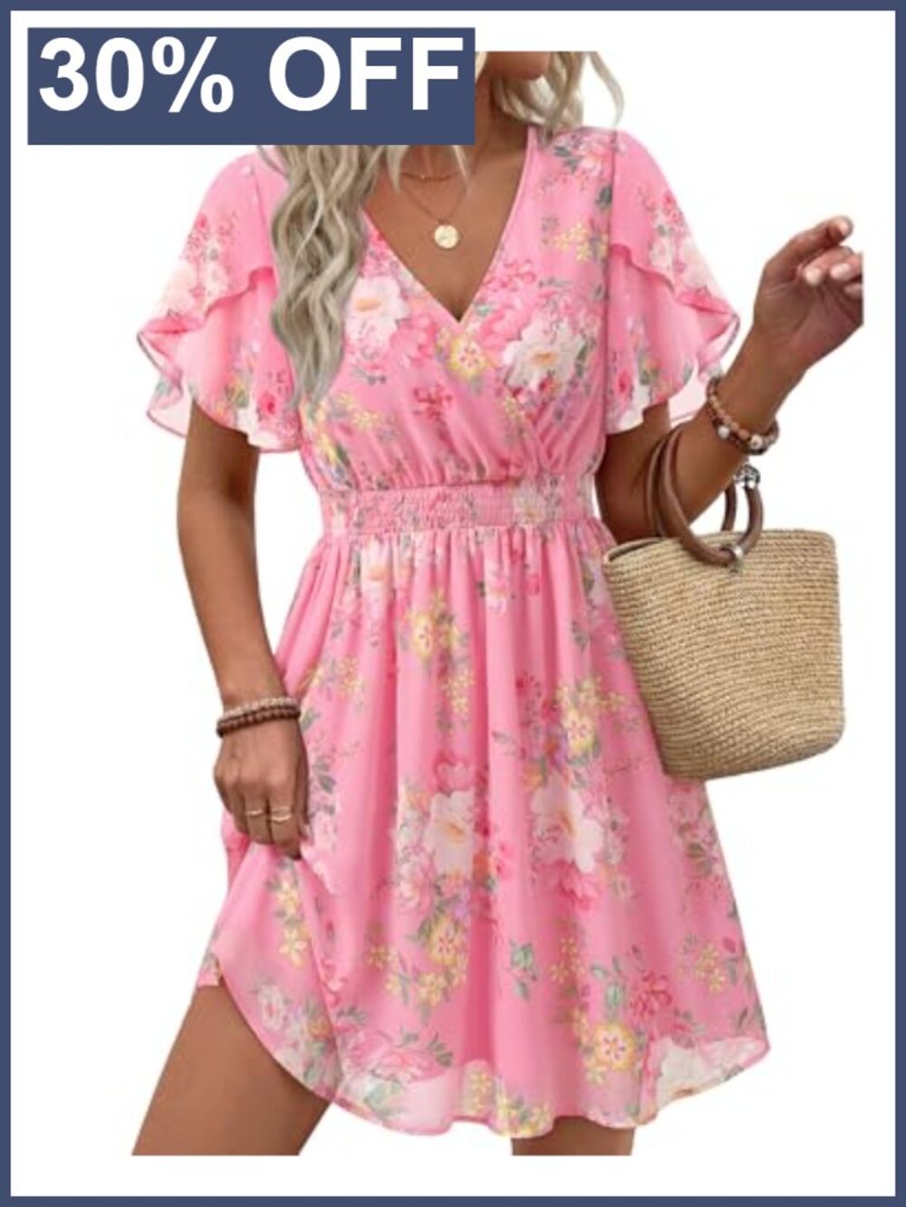 Women's Boho Chiffon Ruffle Sleeve V-Neck Flowy Casual Midi Dress